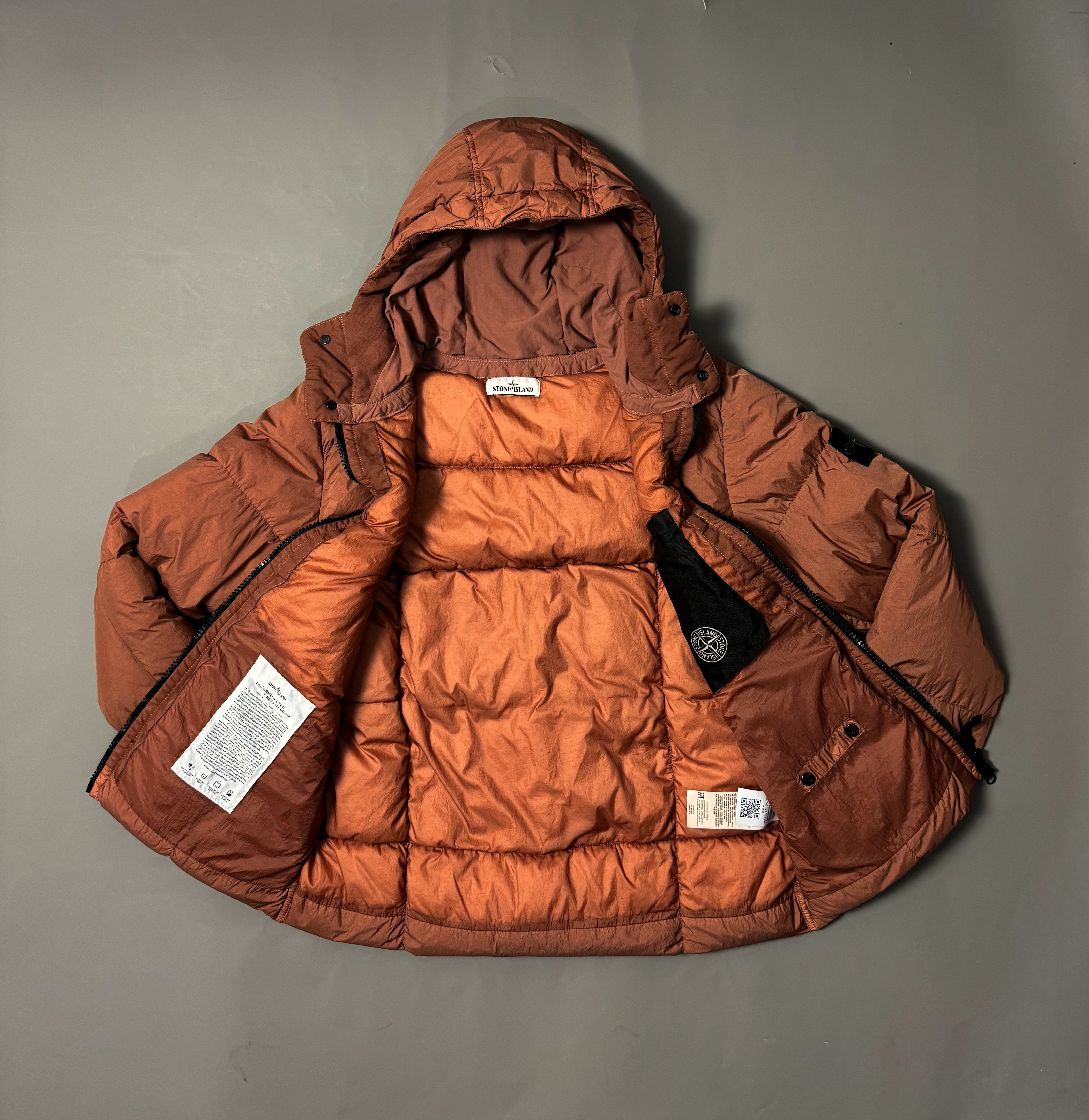 Stone Island Rust Garment Dyed Crinkle Reps Hooded Down Jacket - M