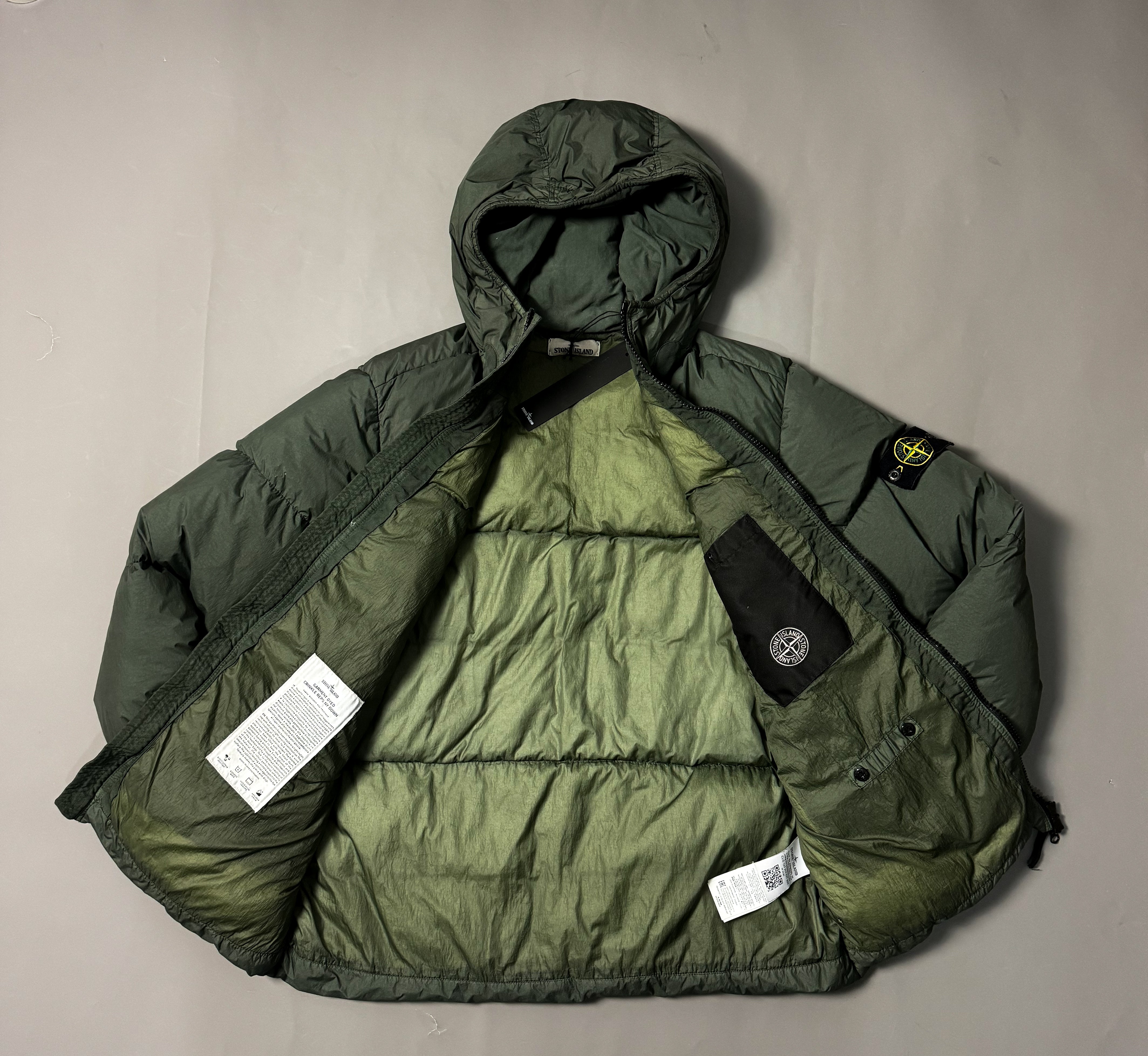 Stone Island Khaki Garment Dyed Crinkle Reps Hooded Down Jacket - XL